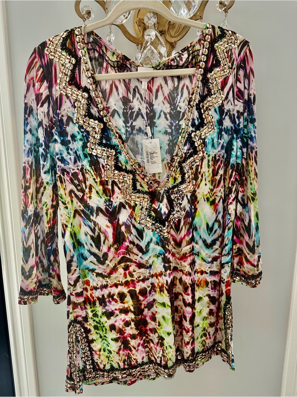 Milly Cabana Multicolor Beaded V-Neck tunic